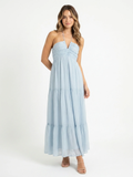 YVAINE Women's V-Neck Halter Tiered Tulle Maxi Dress