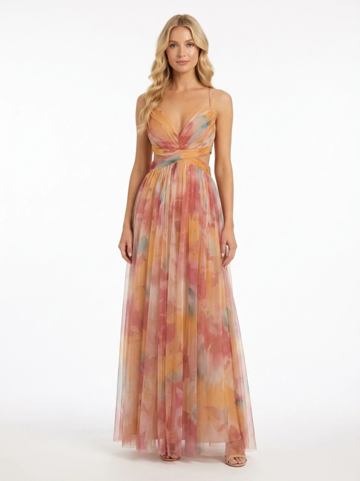 AMBERLIN Women's Sleeveless Tulle Maxi Dress with Waist Cutouts