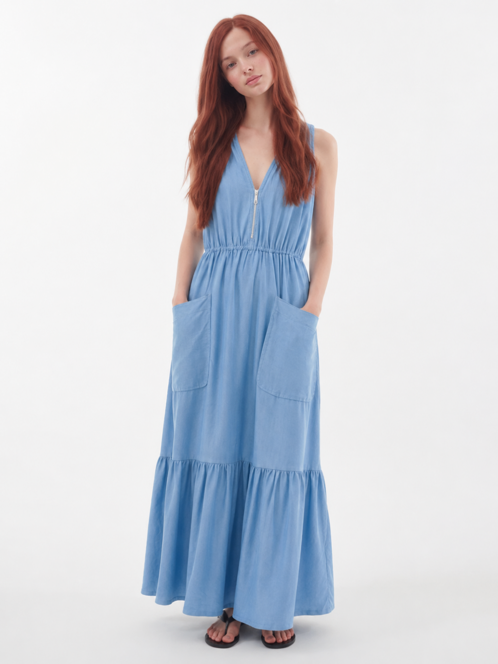 QUITERIE Women's Sleeveless Zip-Front V-Neck Maxi Dress