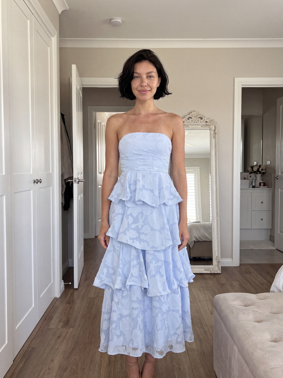 CORENTINE Women's Strapless Tiered Midi Dress with Floral Embossed Texture