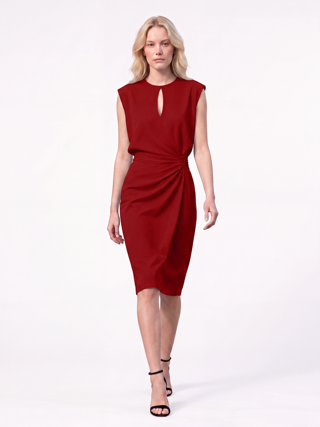 KALIKA Women's Ruched Keyhole Sleeveless Midi Dress