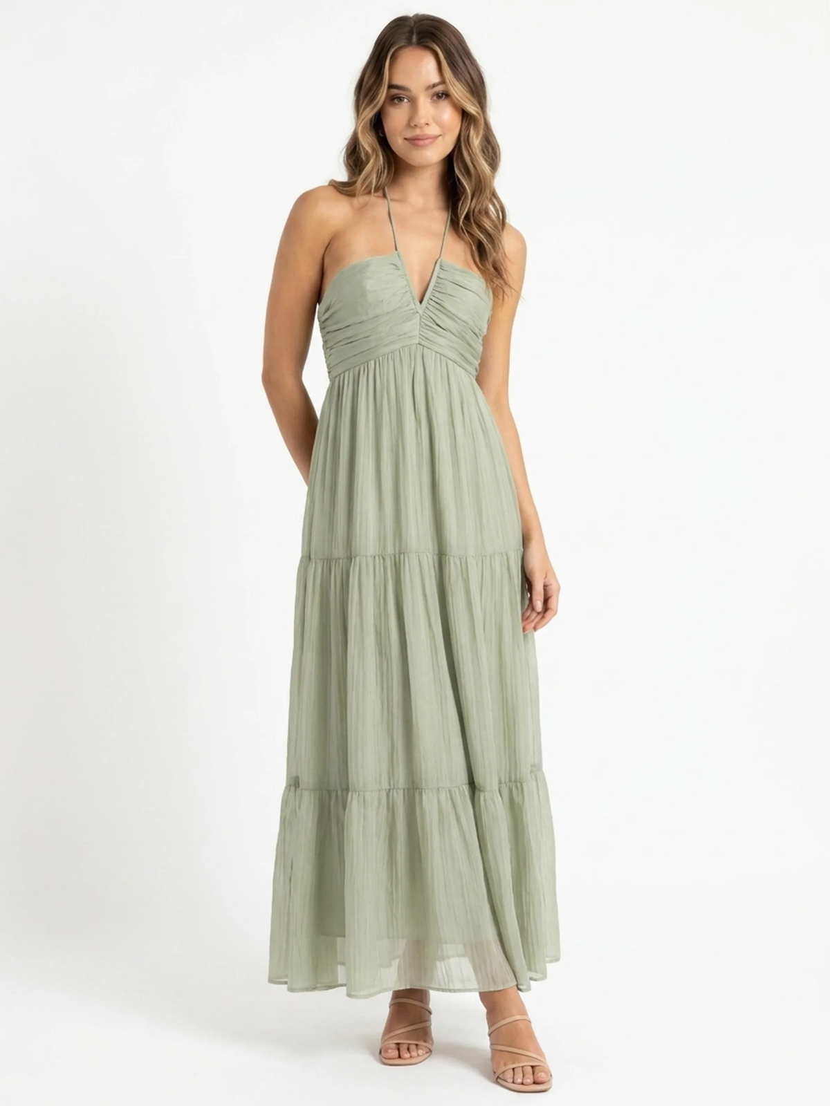 YVAINE Women's V-Neck Halter Tiered Tulle Maxi Dress