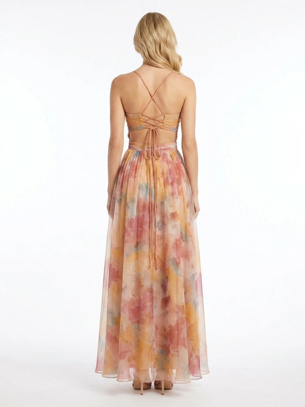 AMBERLIN Women's Sleeveless Tulle Maxi Dress with Waist Cutouts