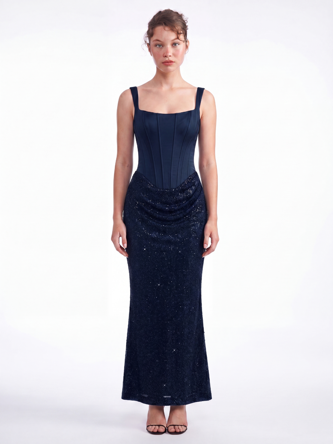ETTAMAE Women's Corset Midi Dress with Embellished Skirt