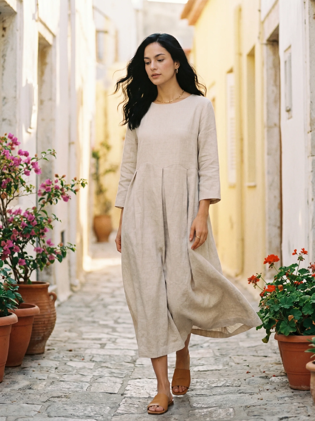 JESSAMYN Women's Long-Sleeve Linen Pleated Maxi Dress with Pockets