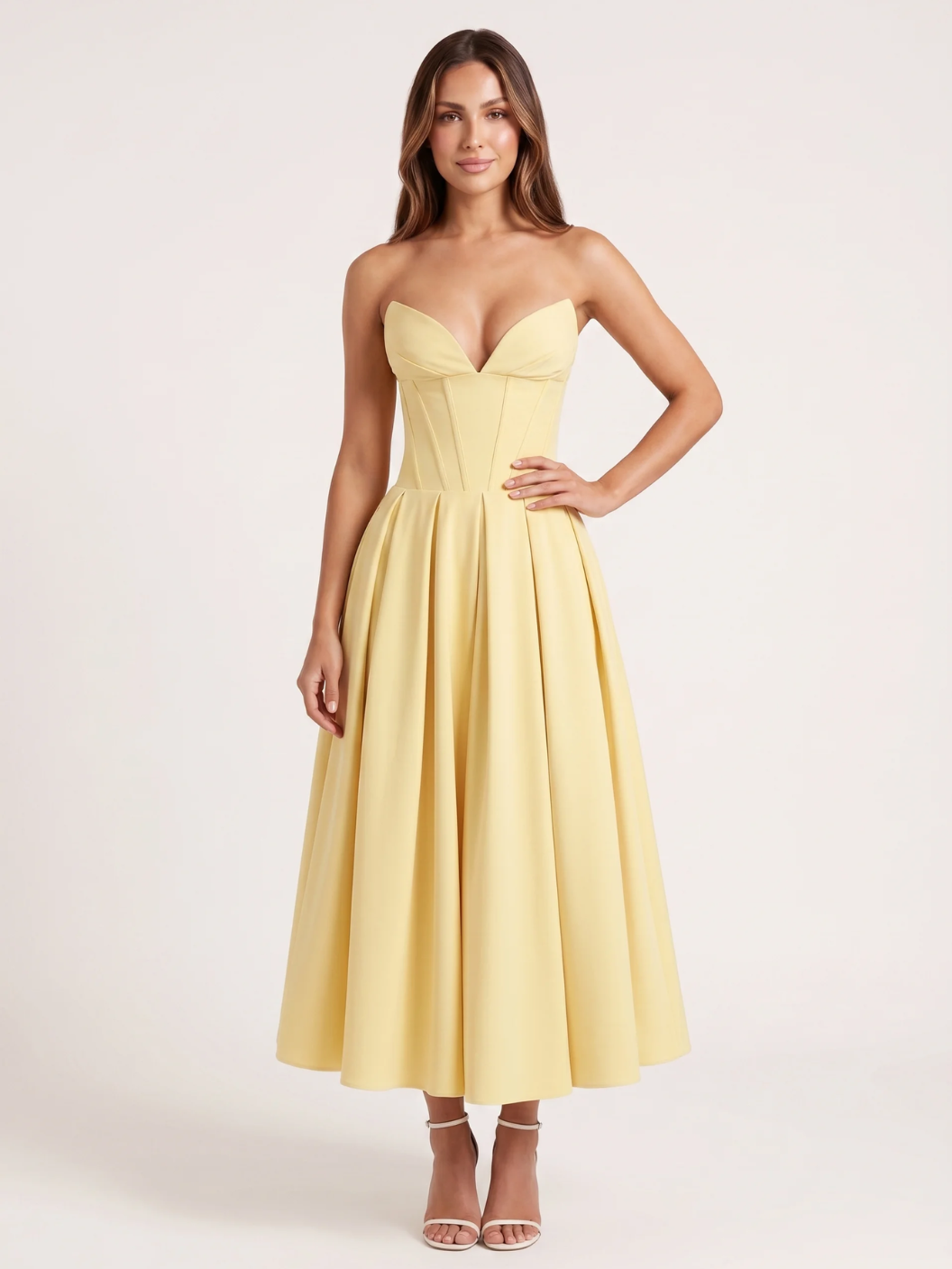 VIANNE Women's Strapless Sweetheart Midi Dress with Full Skirt
