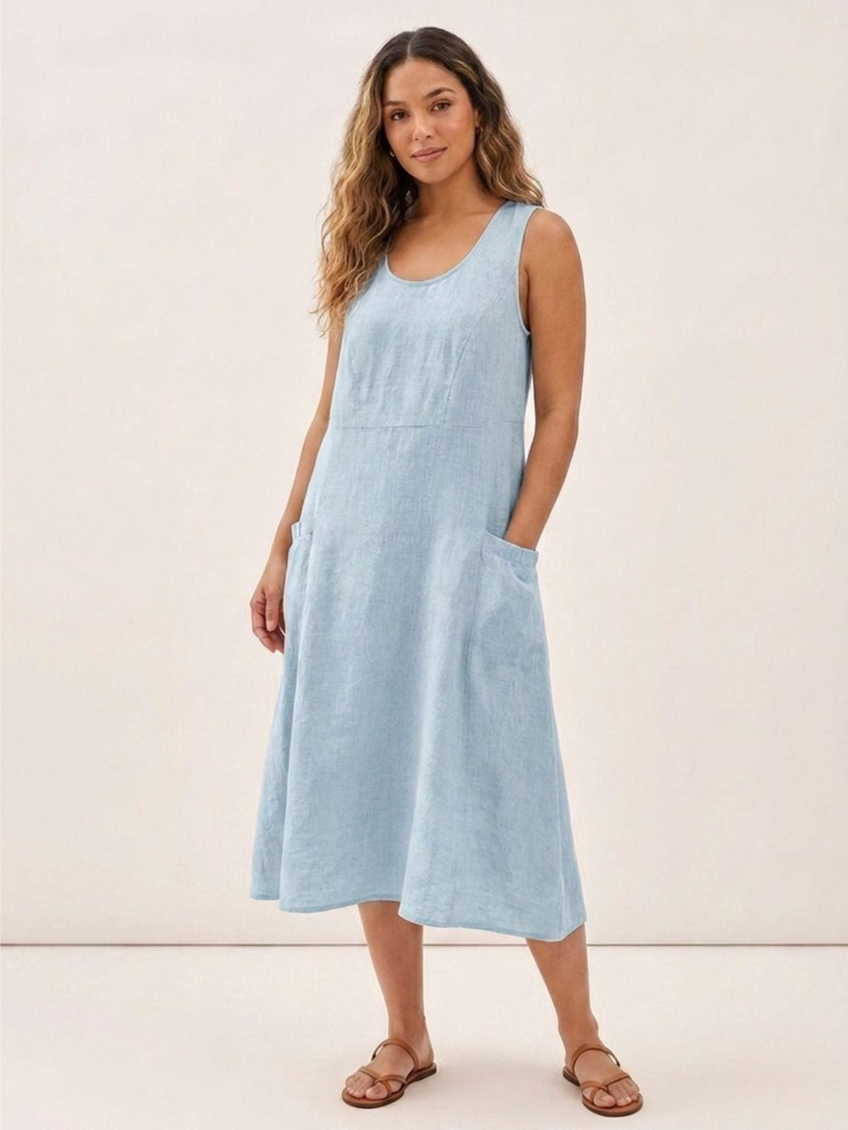 AMABEL Women's Sleeveless Linen Midi Dress with Pockets