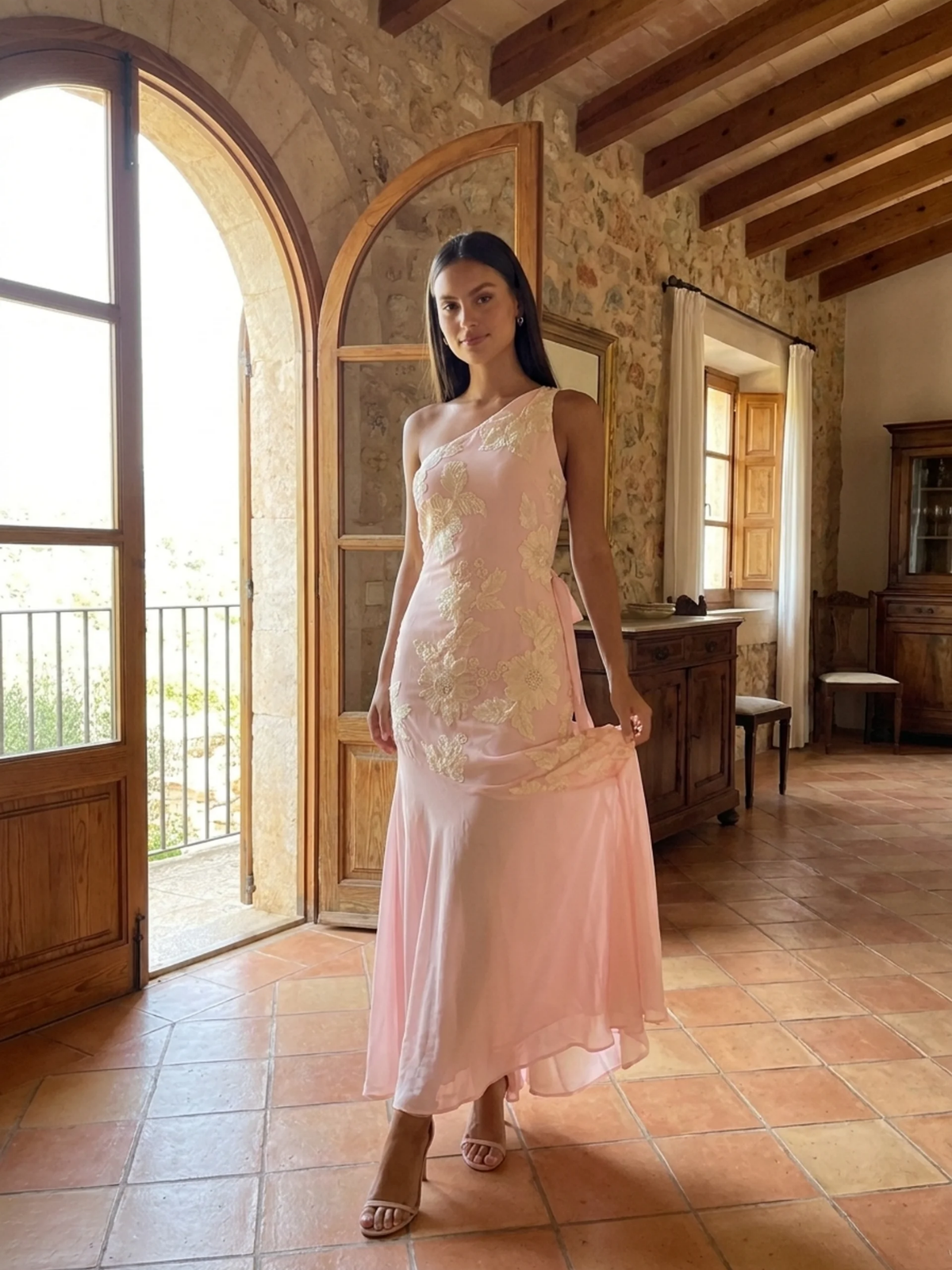 AMBERLYN Women's One-Shoulder Floral Sheer-Hem Maxi Dress