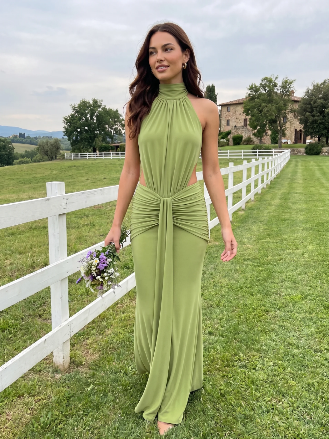 BELINDA Women's Halter Neck Side-Cutout Ruched Waist Maxi Dress