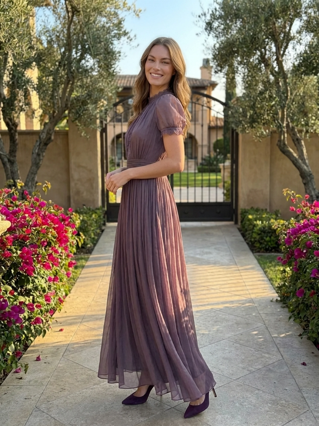 TULLIA Women's Lace Keyhole Chiffon Maxi Dress