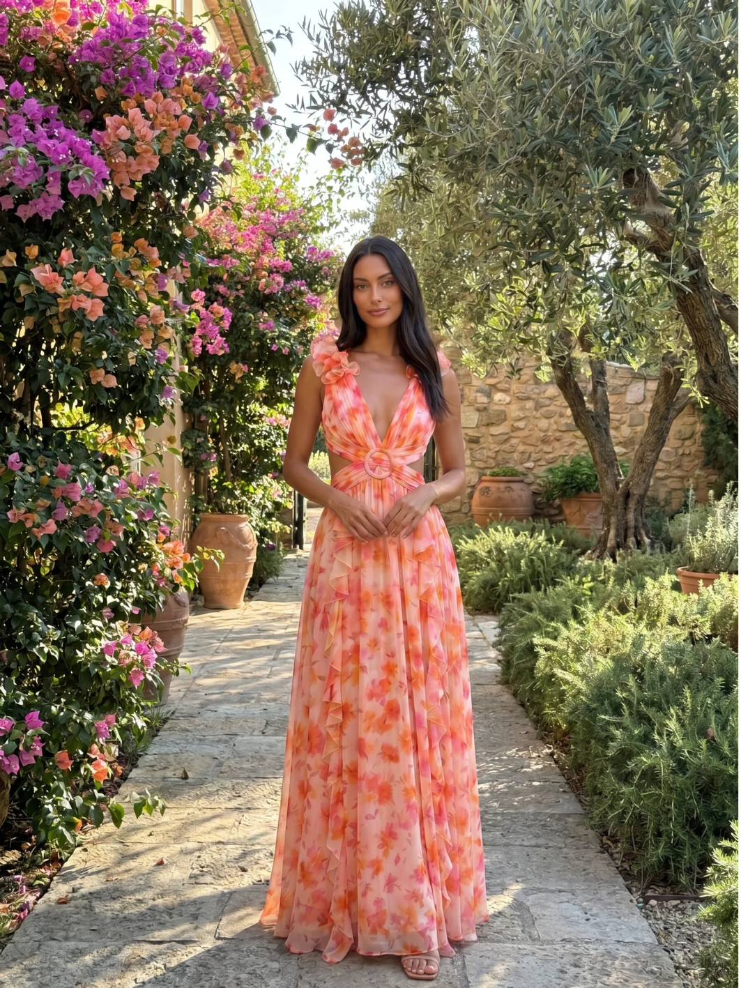 CYRIELLE Women's Floral Plunge Cut-Out Chiffon Maxi Dress