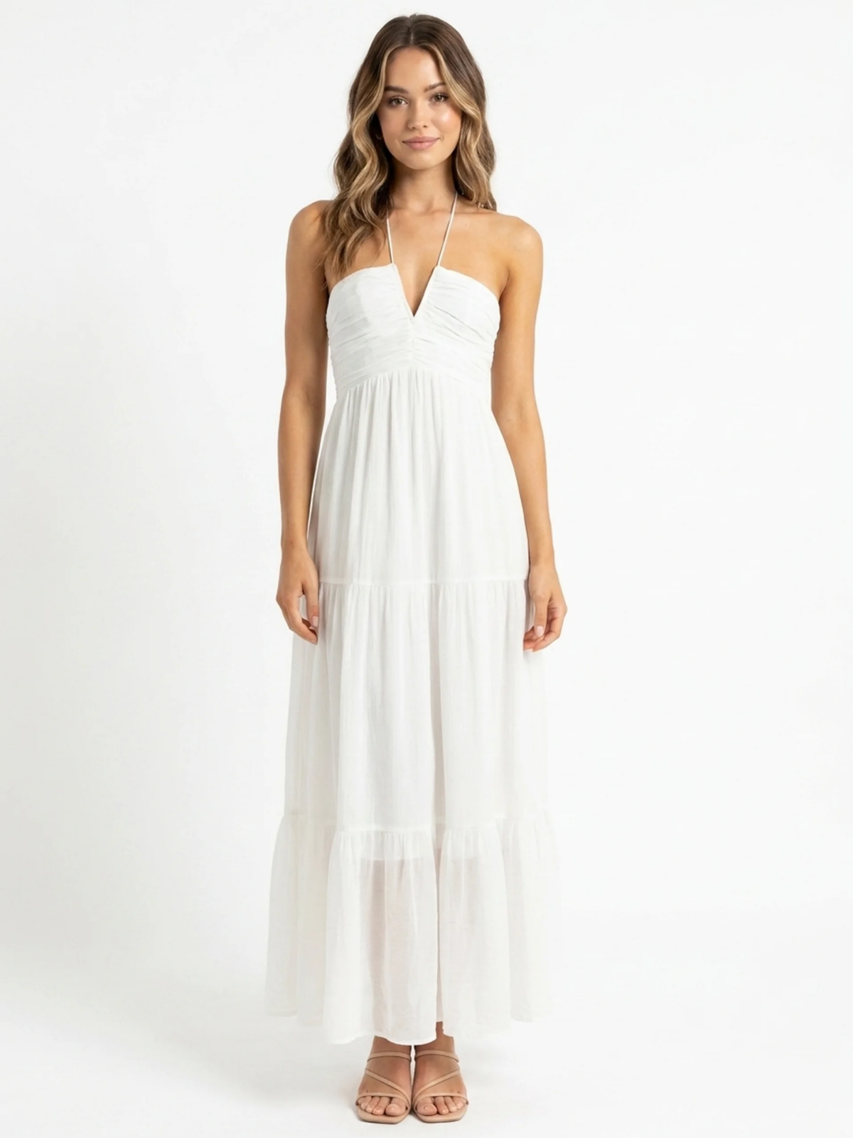 YVAINE Women's V-Neck Halter Tiered Tulle Maxi Dress