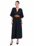 THALASSA Women's Deep V-Neck Batwing Cotton Linen Maxi Dress