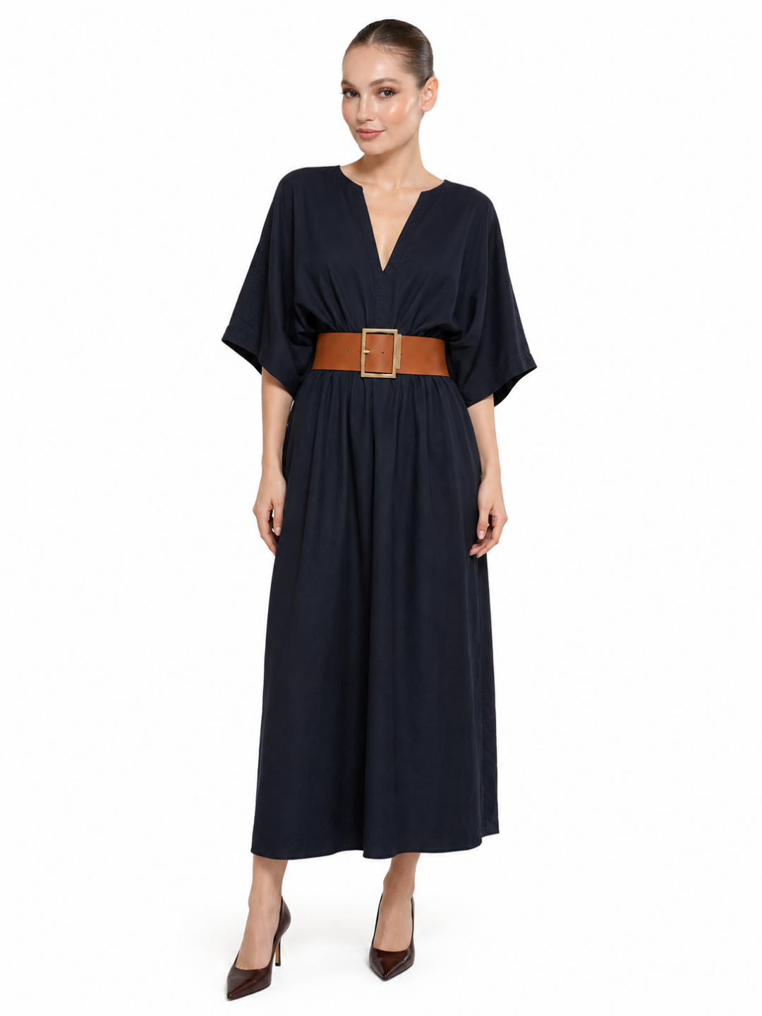 THALASSA Women's Deep V-Neck Batwing Cotton Linen Maxi Dress