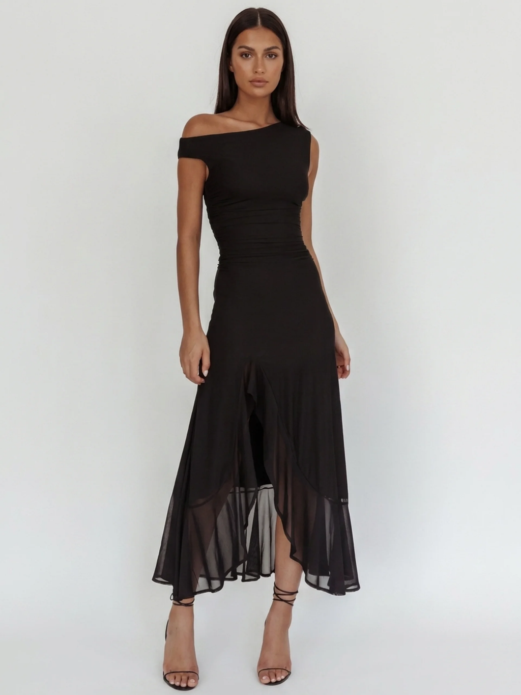 TAMARIND Women's Asymmetric Off-Shoulder Ruched Slit Maxi Dress