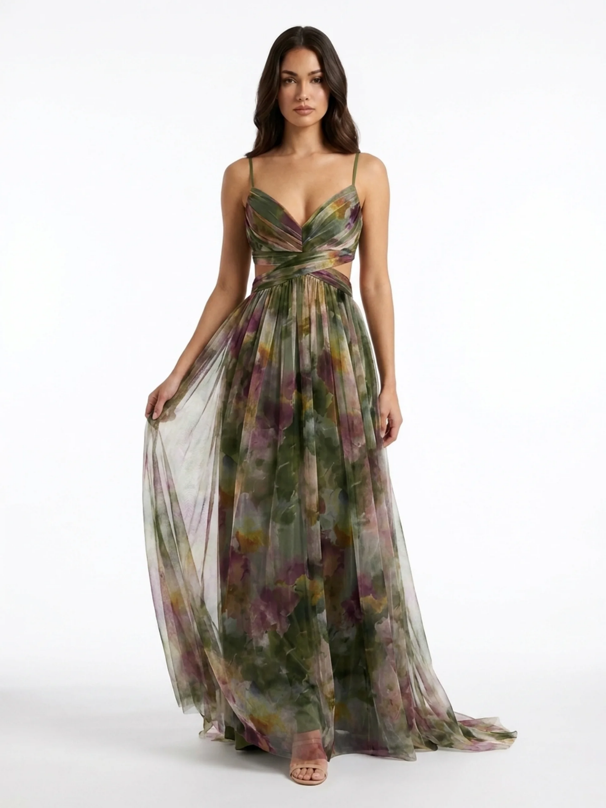 AMBERLIN Women's Sleeveless Tulle Maxi Dress with Waist Cutouts