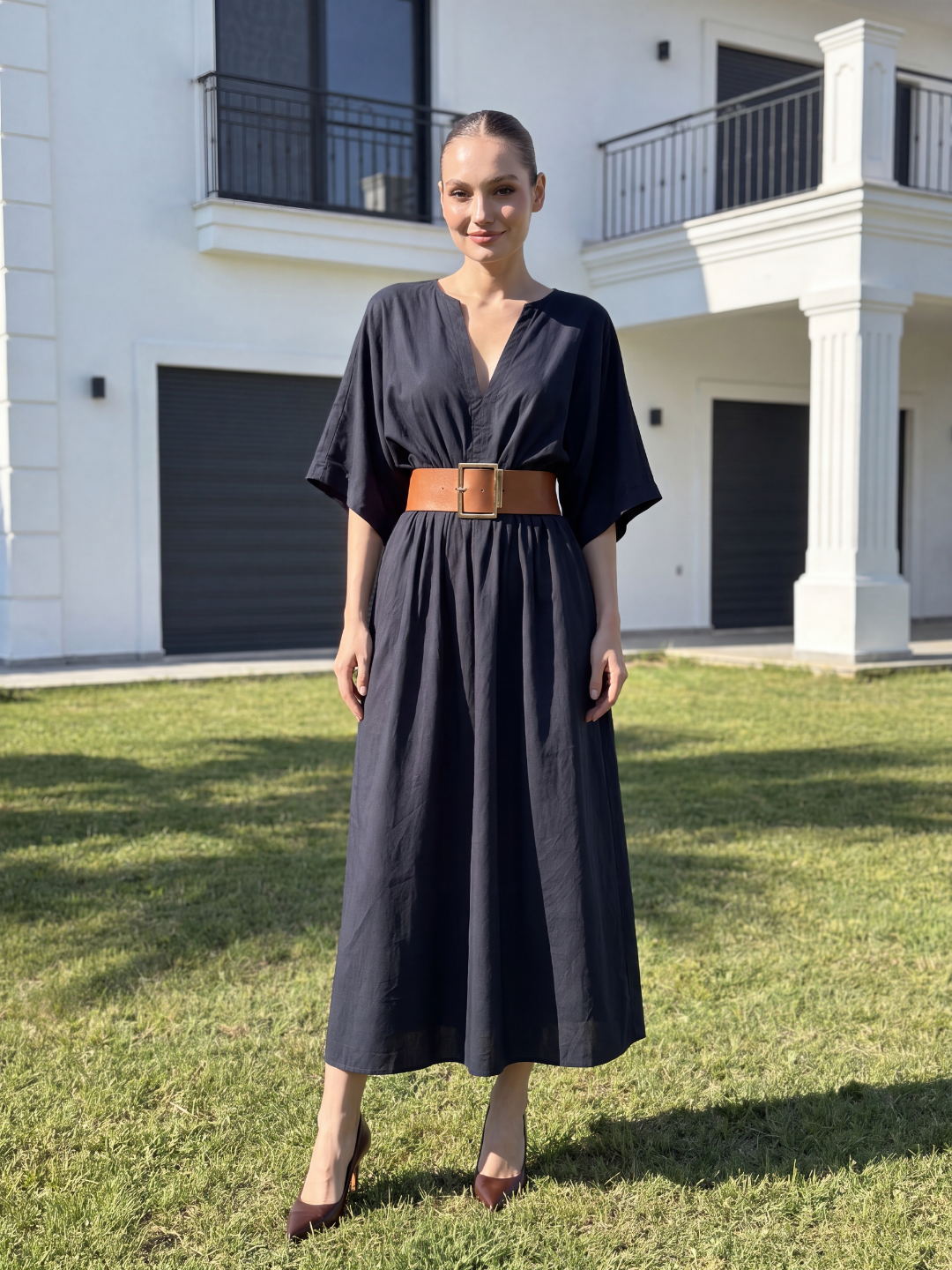 THALASSA Women's Deep V-Neck Batwing Cotton Linen Maxi Dress