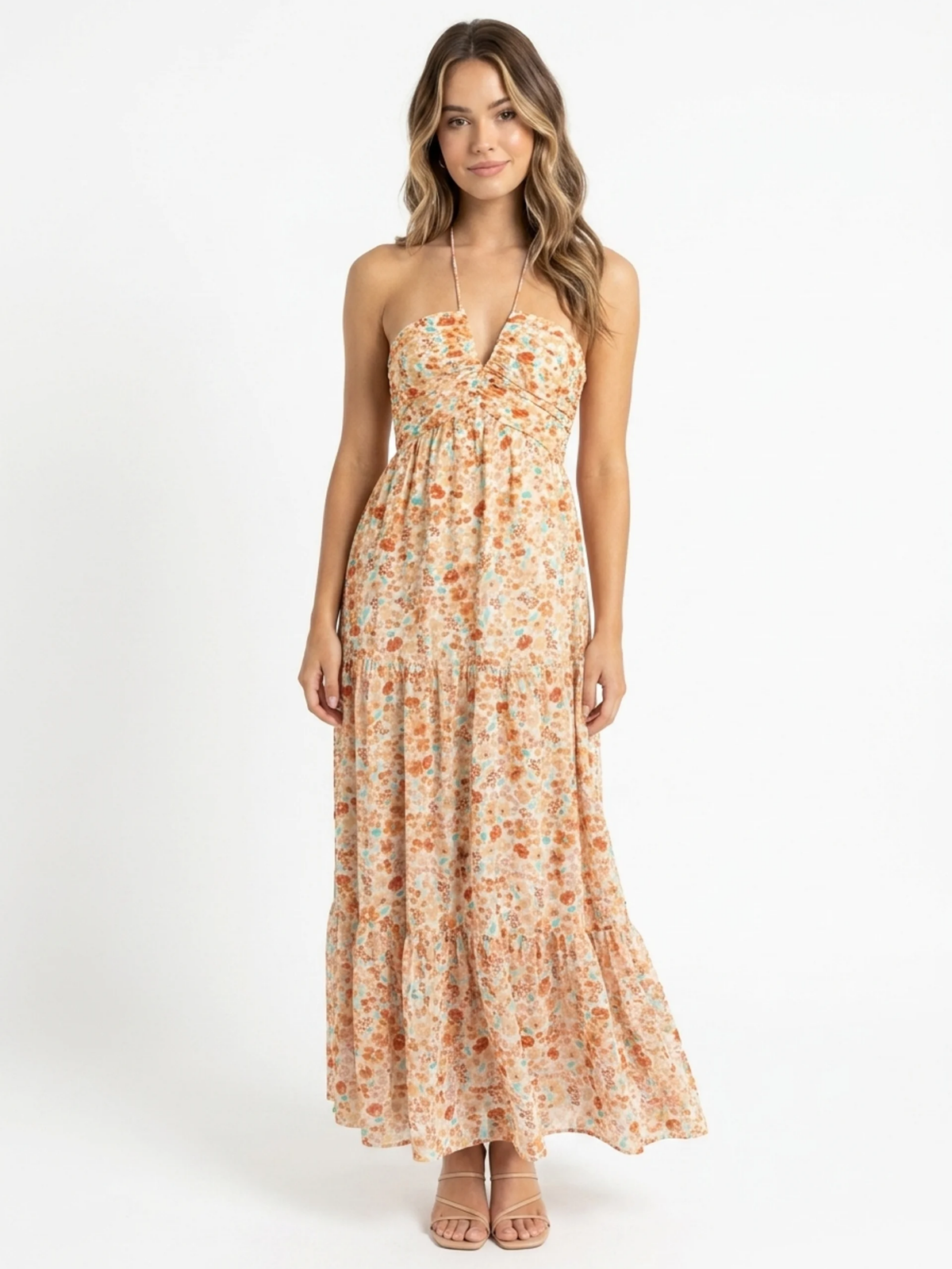 YVAINE Women's V-Neck Halter Tiered Tulle Maxi Dress