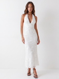 KIRABO Women's Backless Halter Maxi Dress with Floral Embellishment