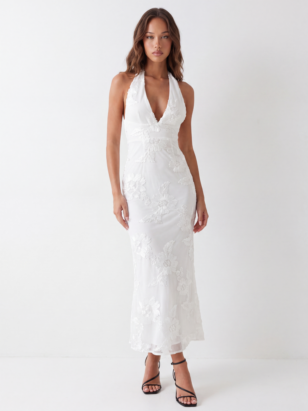 KIRABO Women's Backless Halter Maxi Dress with Floral Embellishment