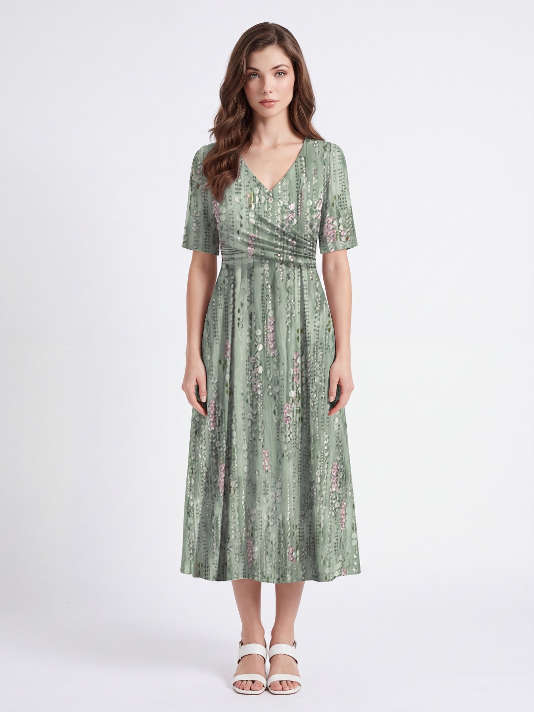 MARIGNY Women's Floral Ruched-Waist V-Neck Midi Dress