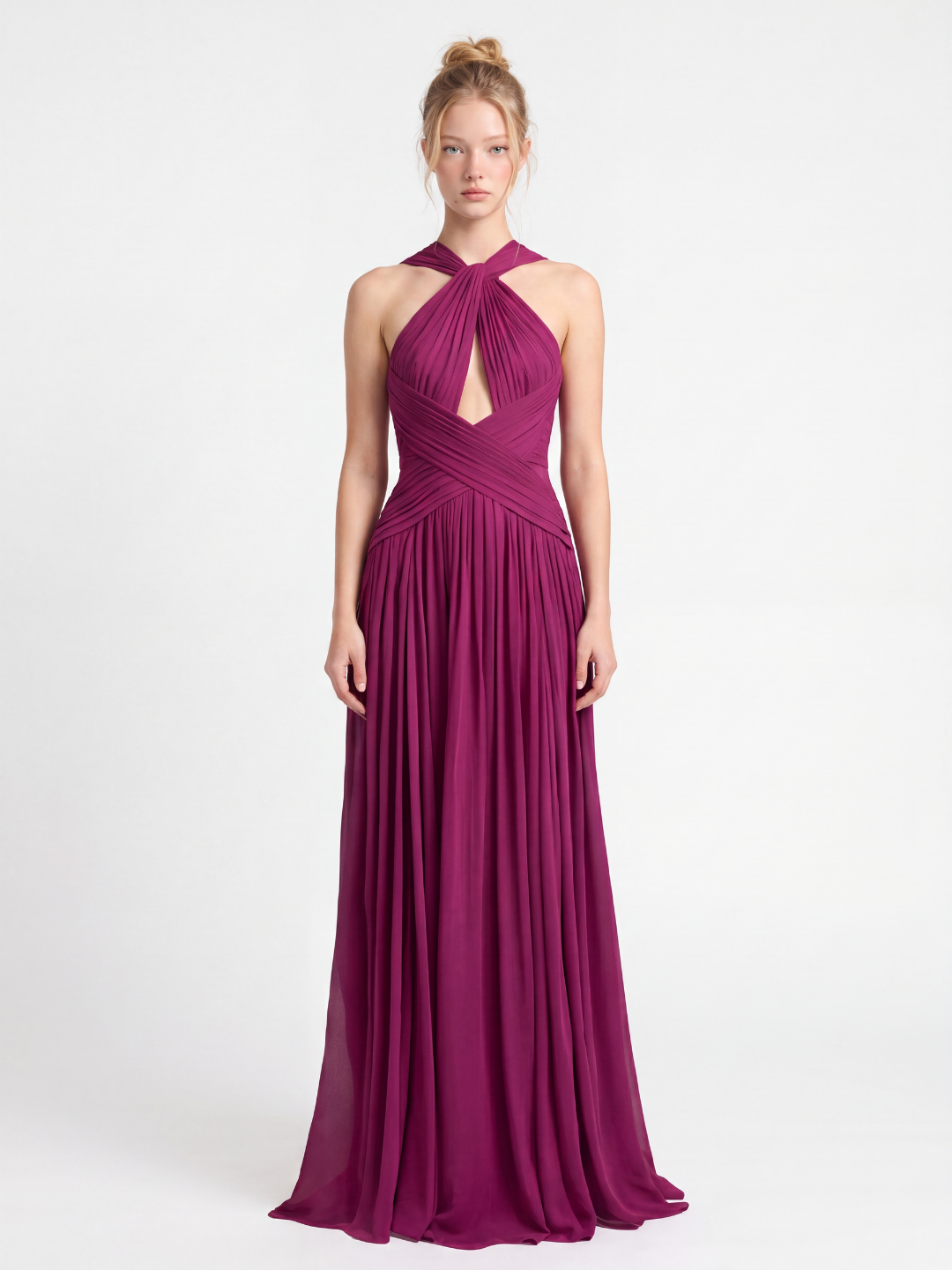 VERADIS Women's Halter Neck Ruched Keyhole Cutout Maxi Gown