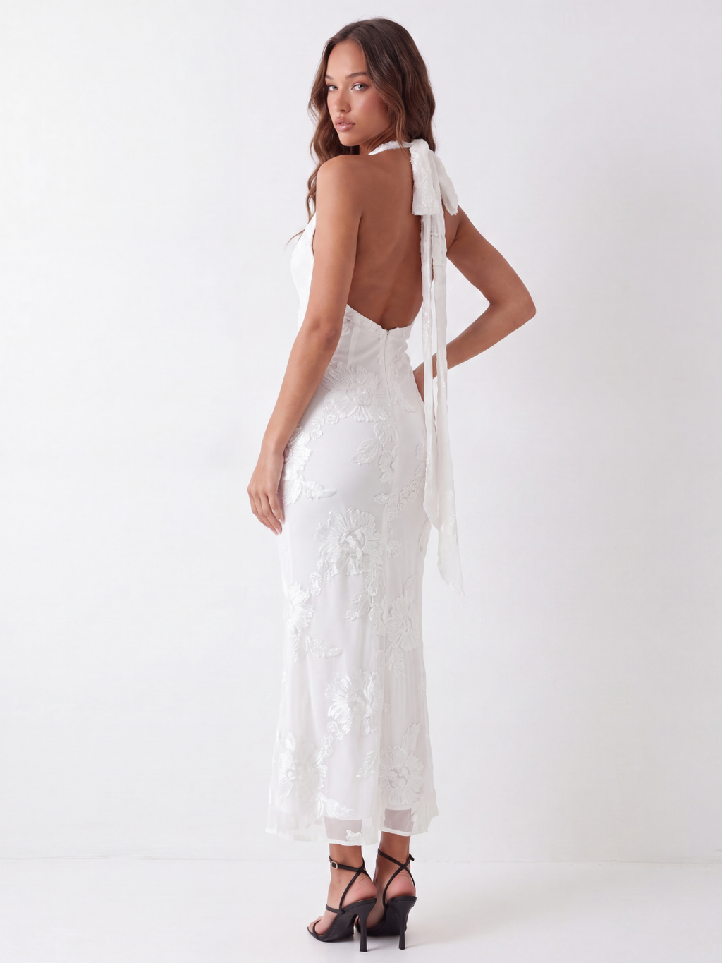KIRABO Women's Backless Halter Maxi Dress with Floral Embellishment