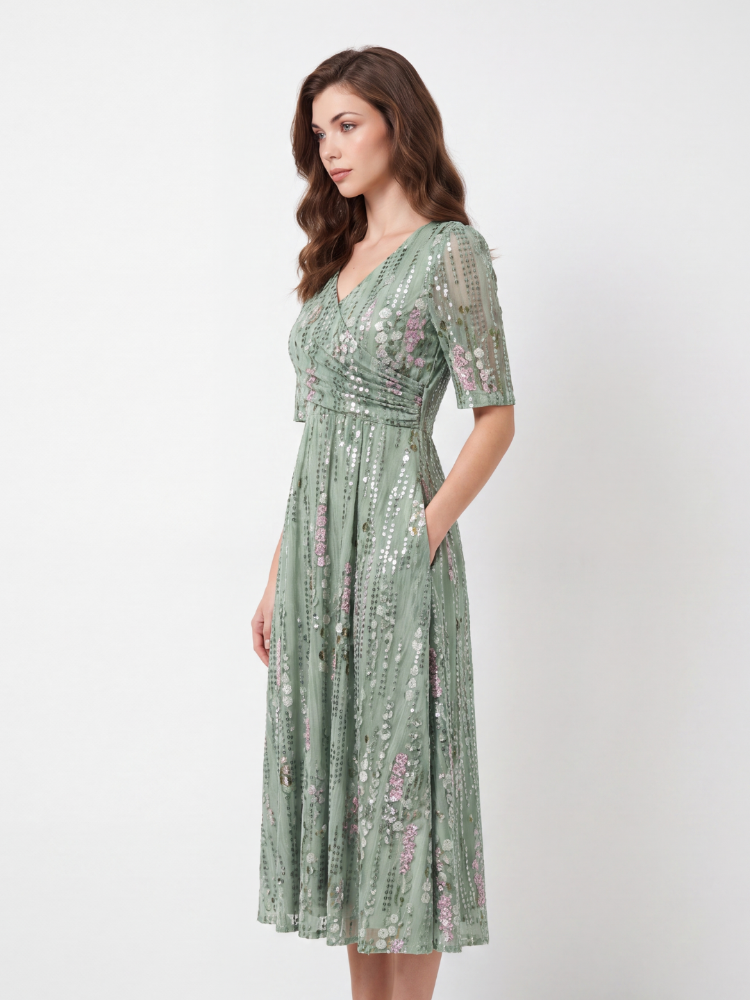 MARIGNY Women's Floral Ruched-Waist V-Neck Midi Dress