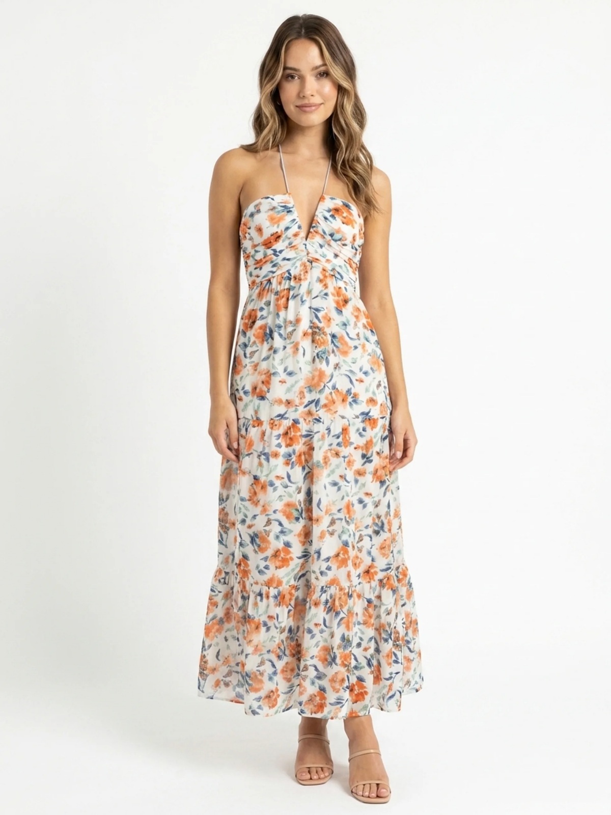 YVAINE Women's V-Neck Halter Tiered Tulle Maxi Dress