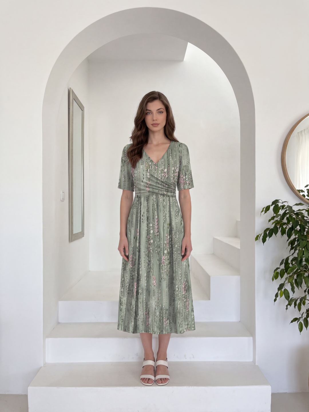MARIGNY Women's Floral Ruched-Waist V-Neck Midi Dress