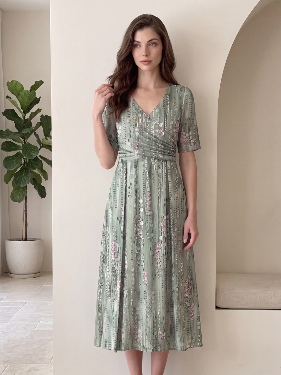 MARIGNY Women's Floral Ruched-Waist V-Neck Midi Dress