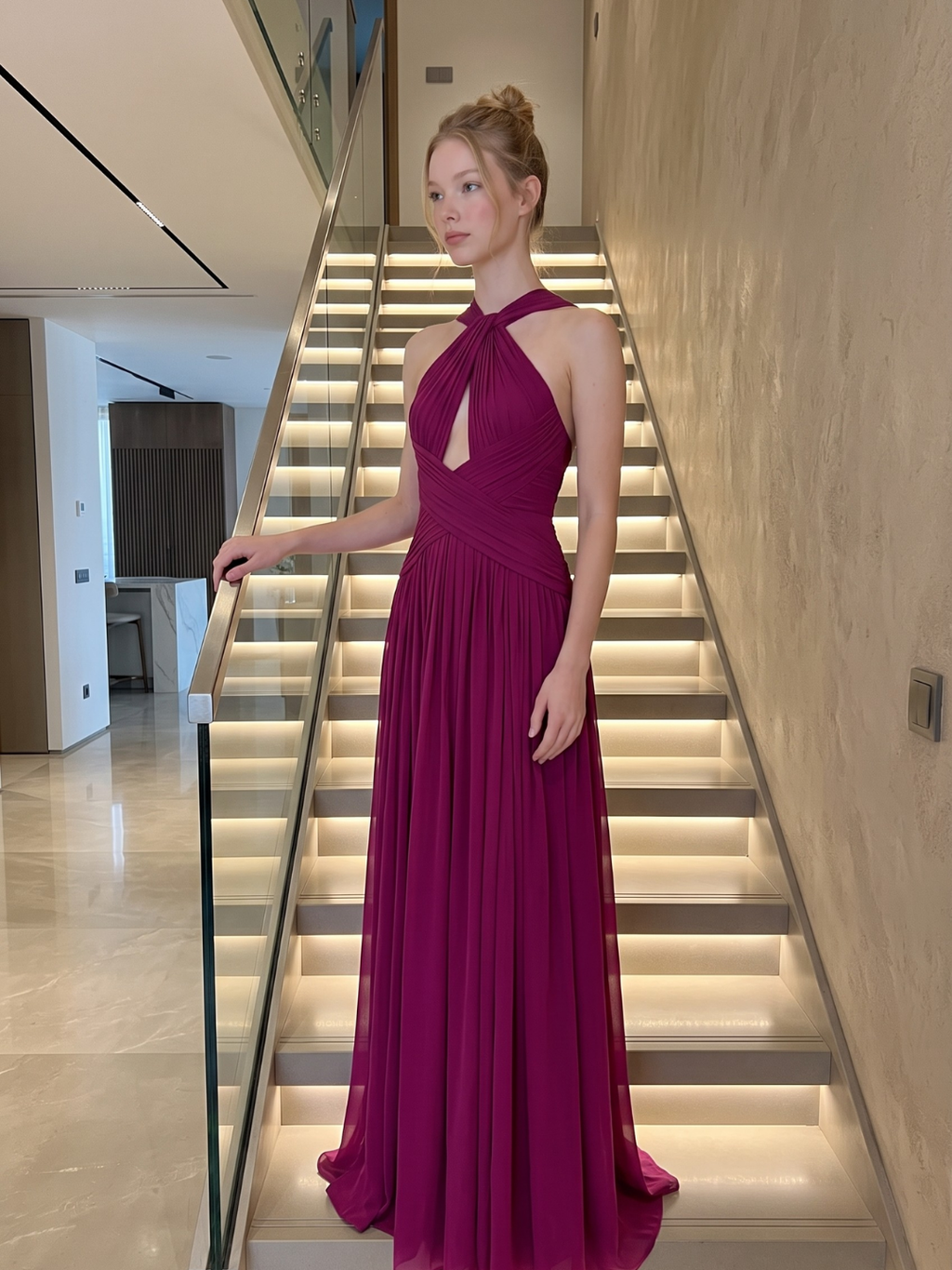 VERADIS Women's Halter Neck Ruched Keyhole Cutout Maxi Gown
