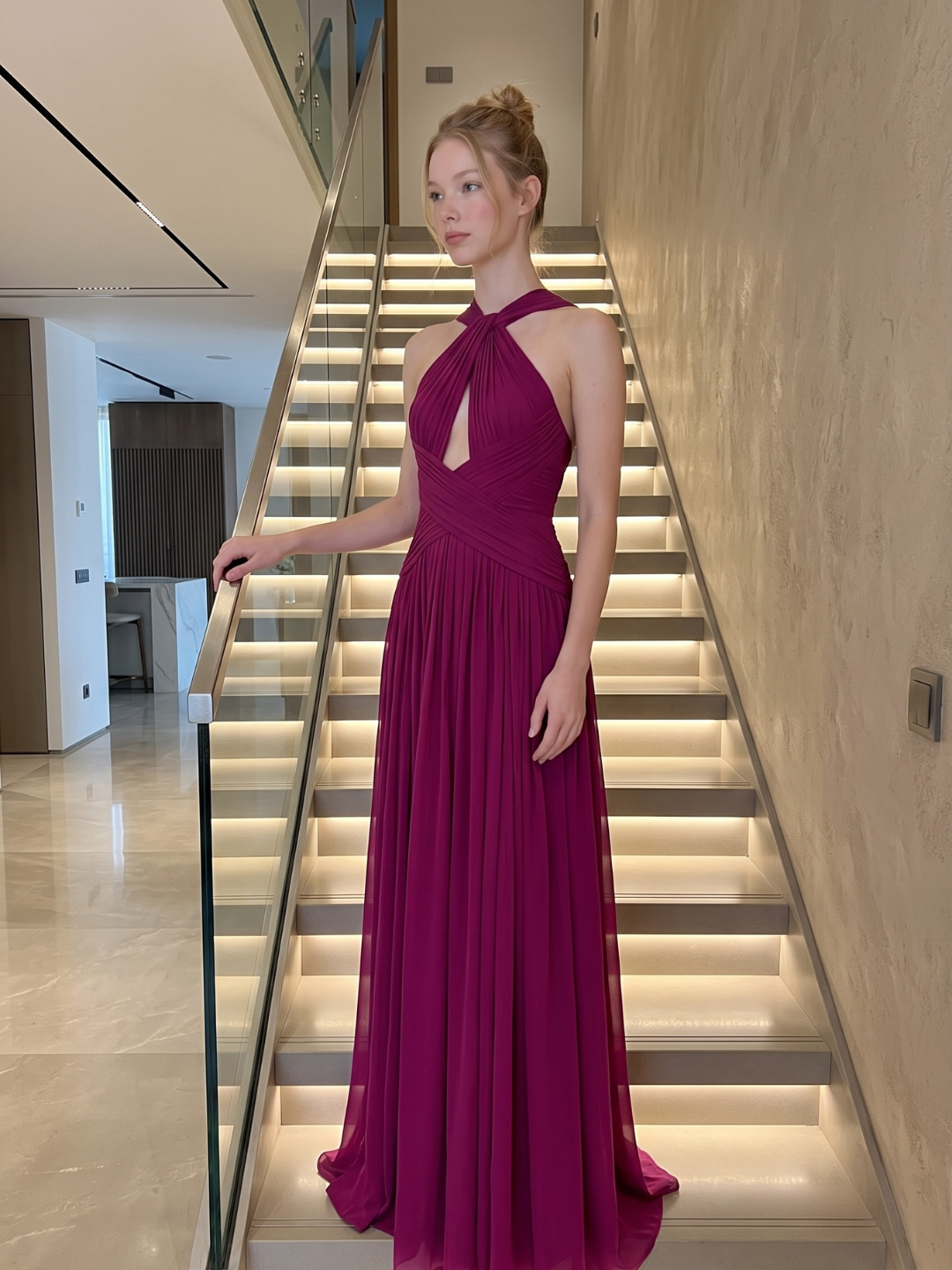 VERADIS Women's Halter Neck Ruched Keyhole Cutout Maxi Gown