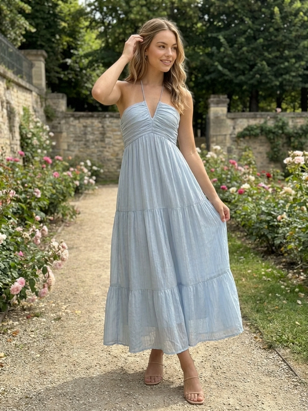 YVAINE Women's V-Neck Halter Tiered Tulle Maxi Dress