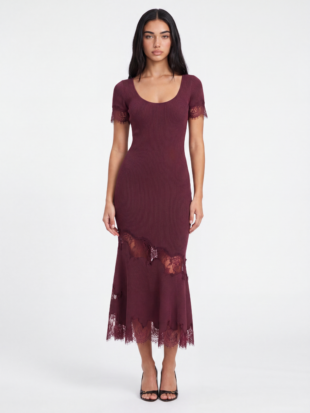 BRIALLEN Women's Ribbed Knit Lace-Trim Mermaid Maxi Dress