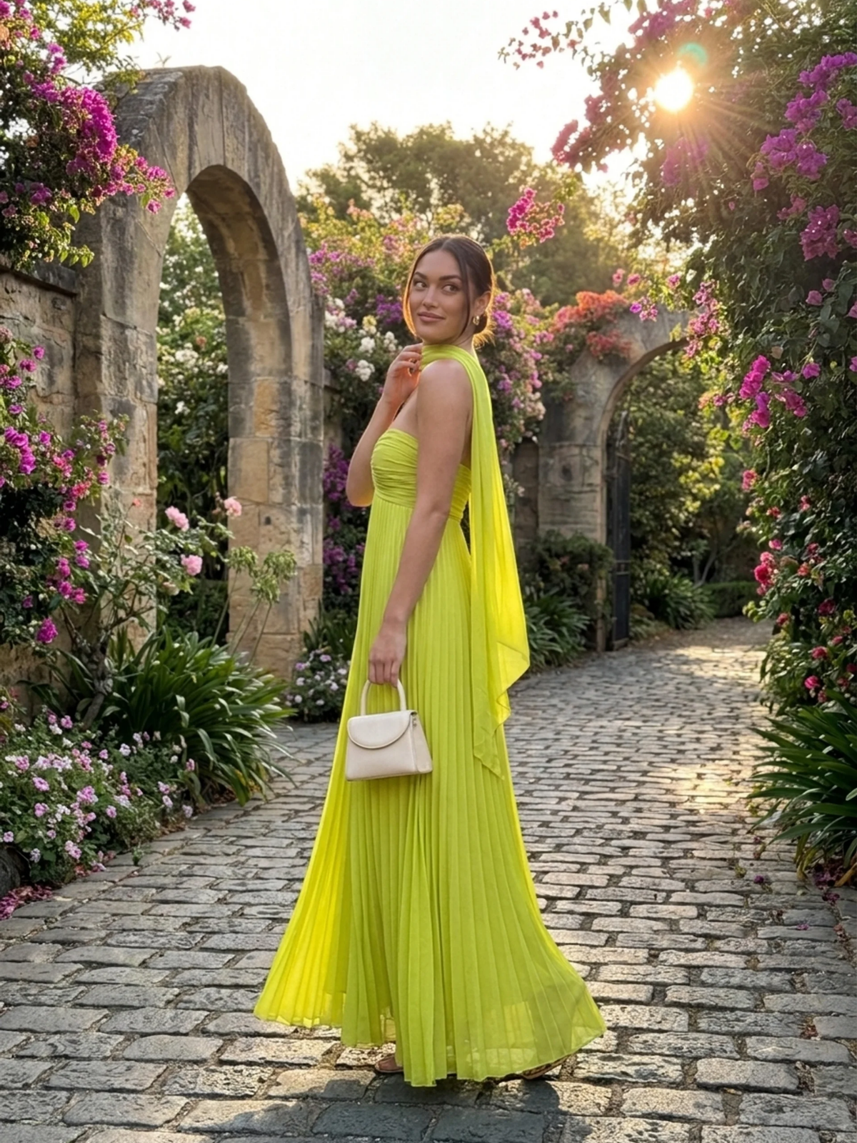 OLEANDER Women's Strapless Pleated Maxi Dress with Scarf Detail