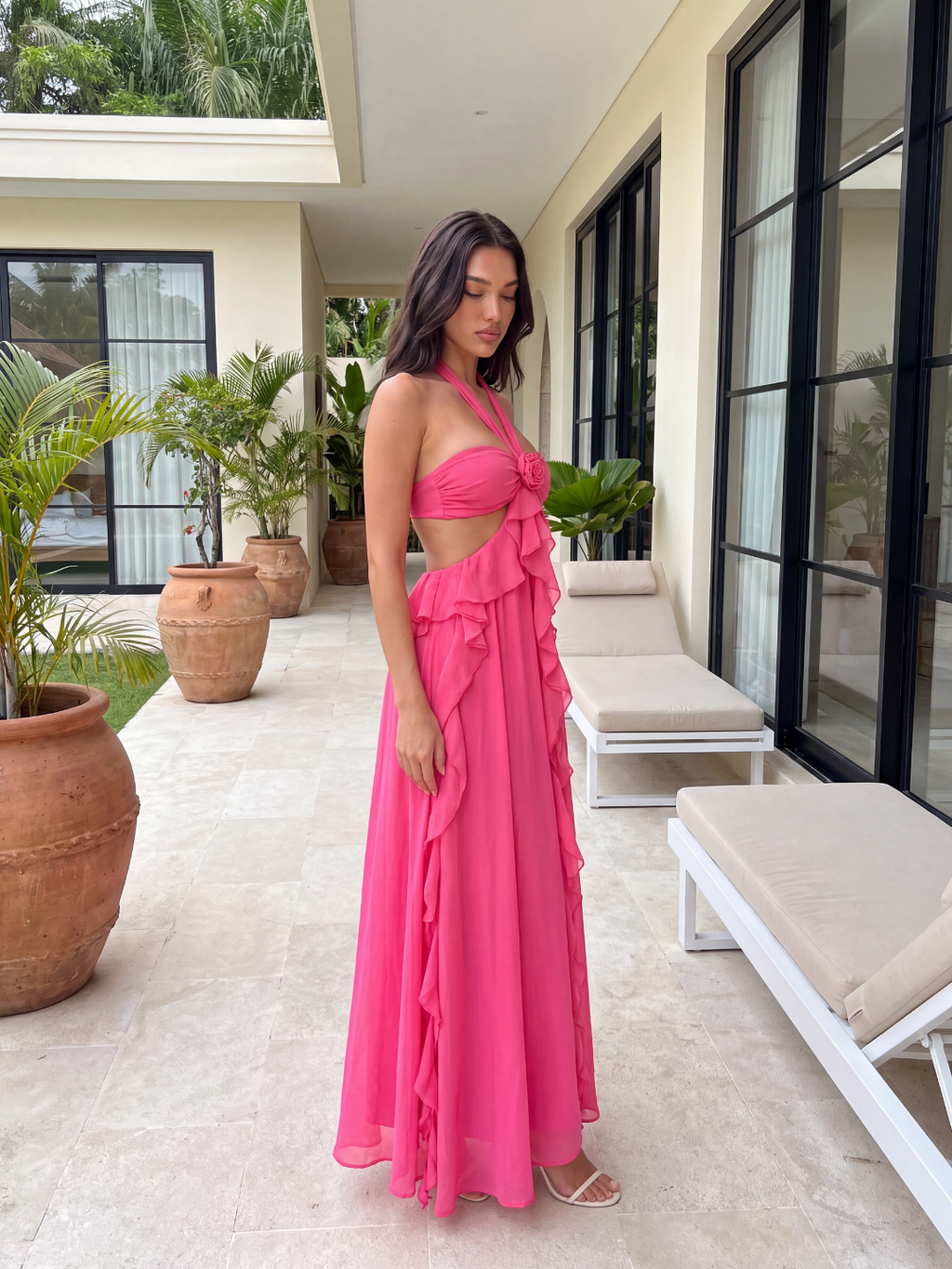 ALESSIA Women's Halterneck Cut-Out Ruffle Maxi Dress