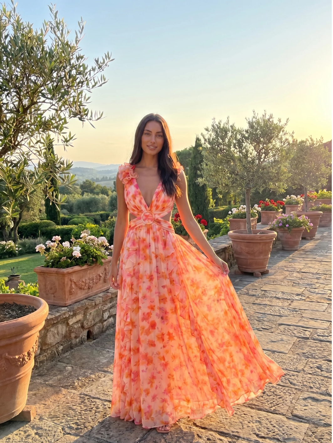 CYRIELLE Women's Floral Plunge Cut-Out Chiffon Maxi Dress