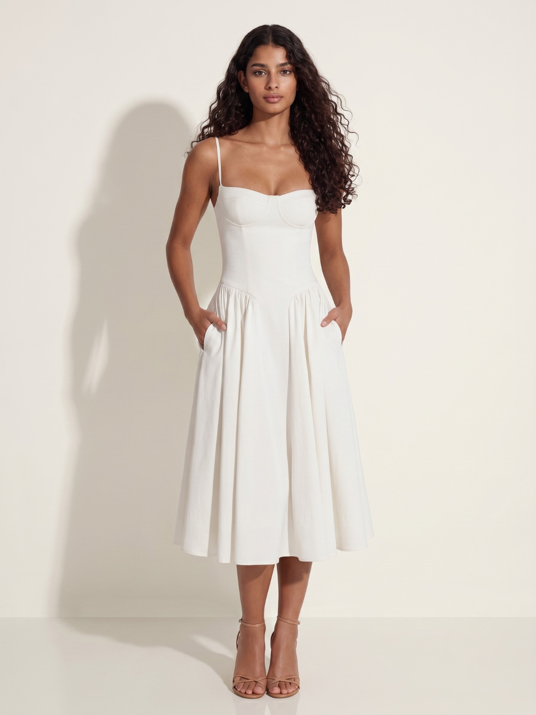 SELAH Women's Sweetheart Bustier Twill Midi Dress with Pockets
