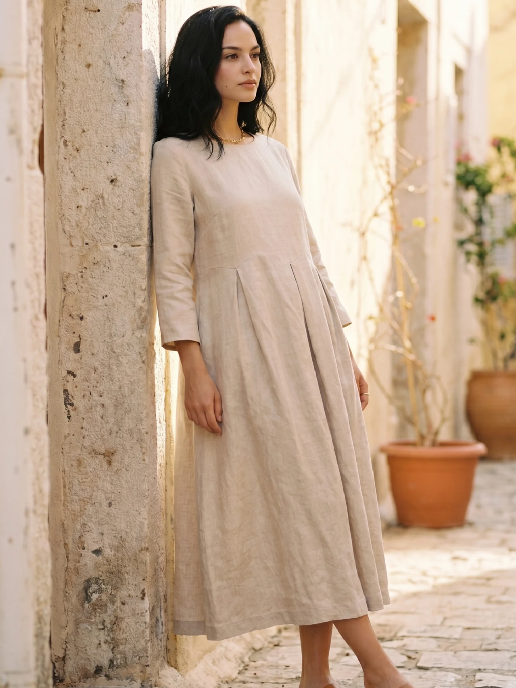 JESSAMYN Women's Long-Sleeve Linen Pleated Maxi Dress with Pockets