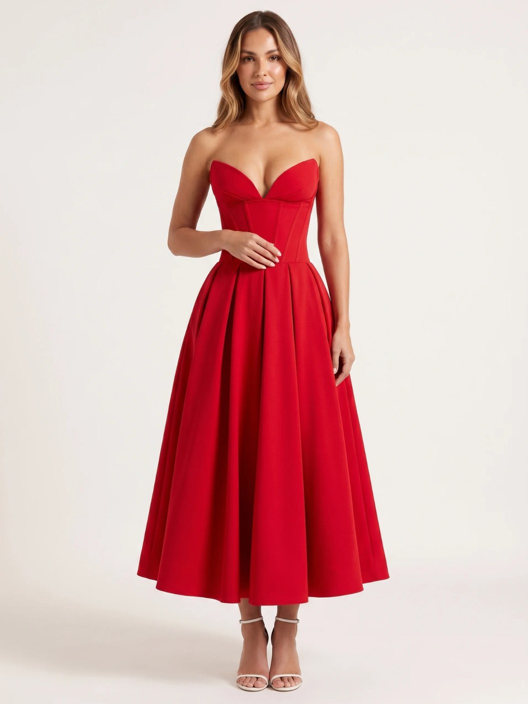 VIANNE Women's Strapless Sweetheart Midi Dress with Full Skirt