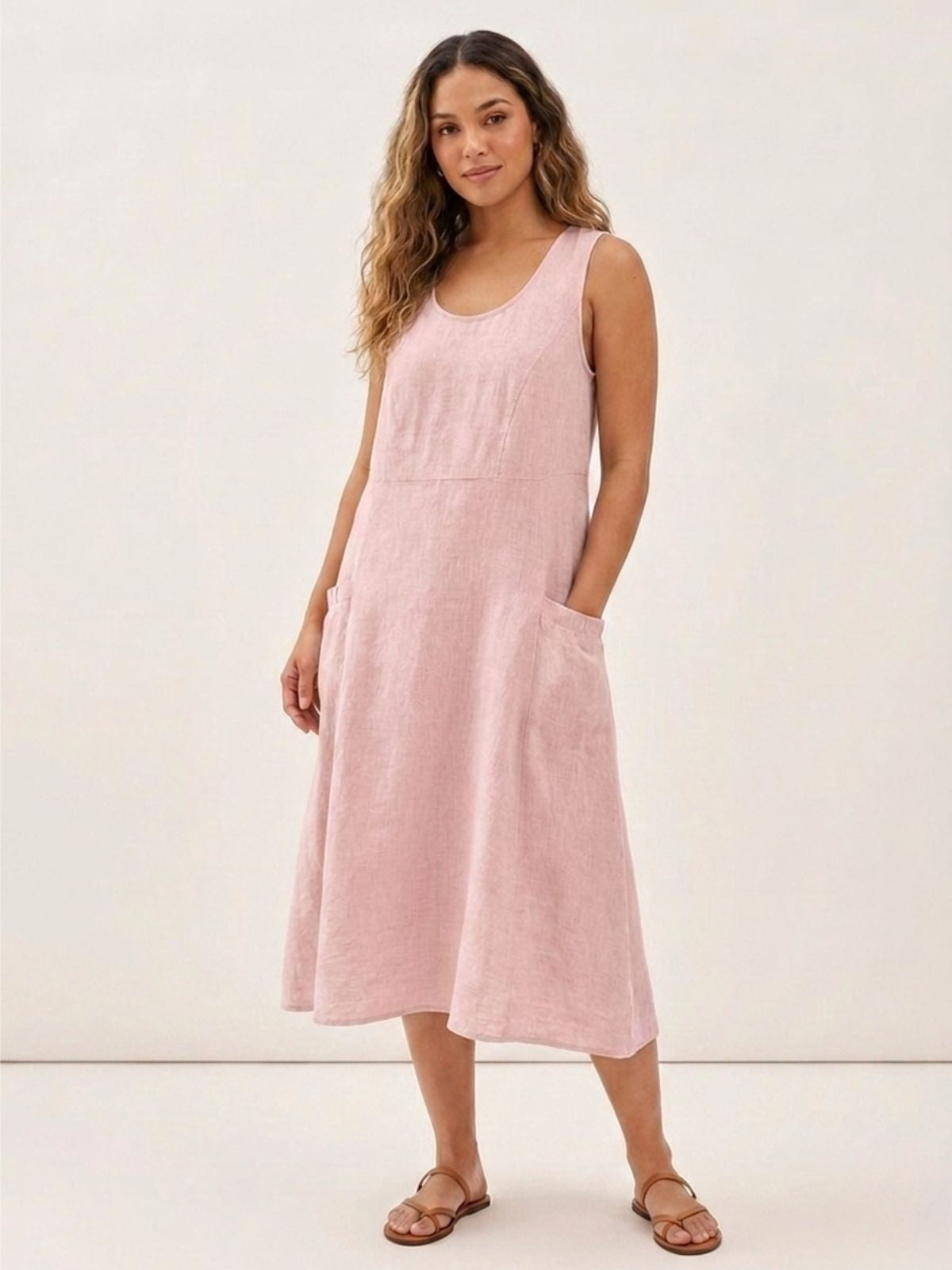 AMABEL Women's Sleeveless Linen Midi Dress with Pockets