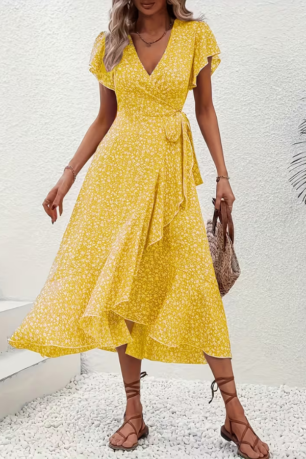 JORUNN Women's Short Sleeve Floral Print Wrap Maxi Dress