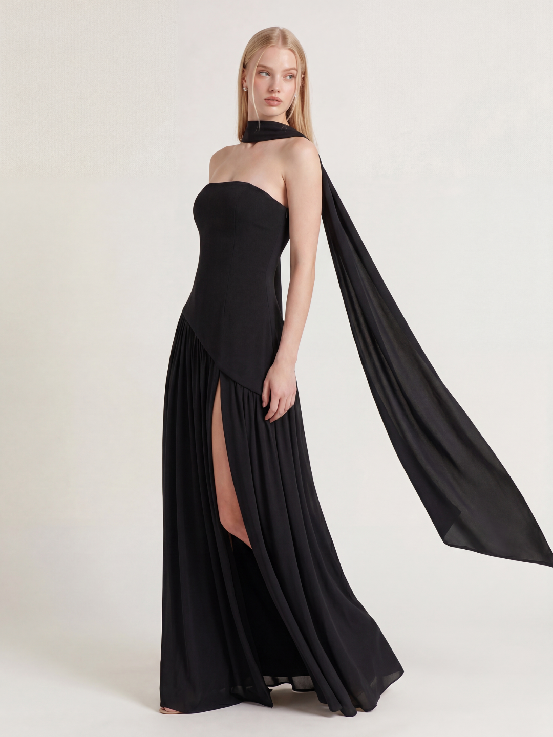 SABLE Women's Strapless Asymmetric Contrast Maxi Dress with Choker
