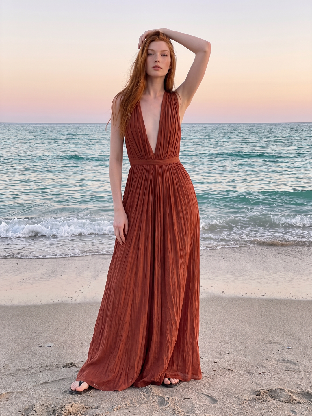 KALLISTE Women's Deep V-Neck Pleated Maxi Dress