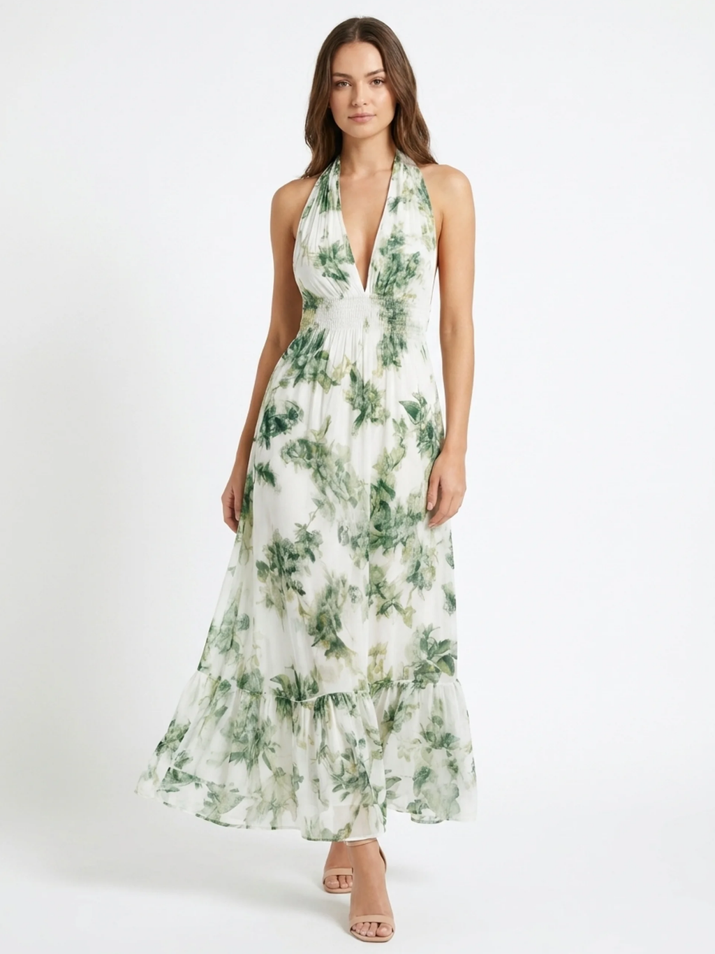 AERYN Women's Botanical Halter Neck Chiffon Midi Dress