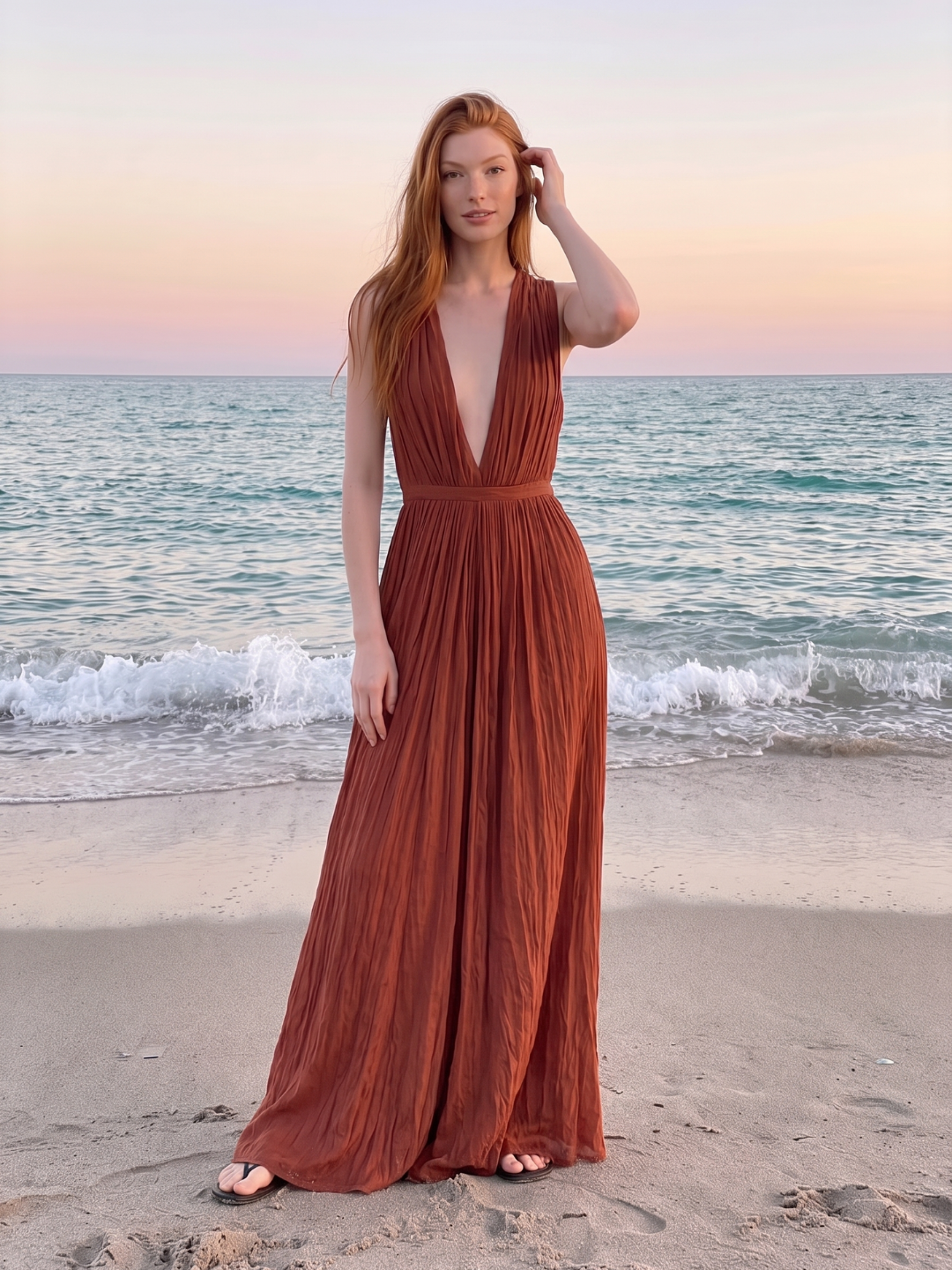 KALLISTE Women's Deep V-Neck Pleated Maxi Dress