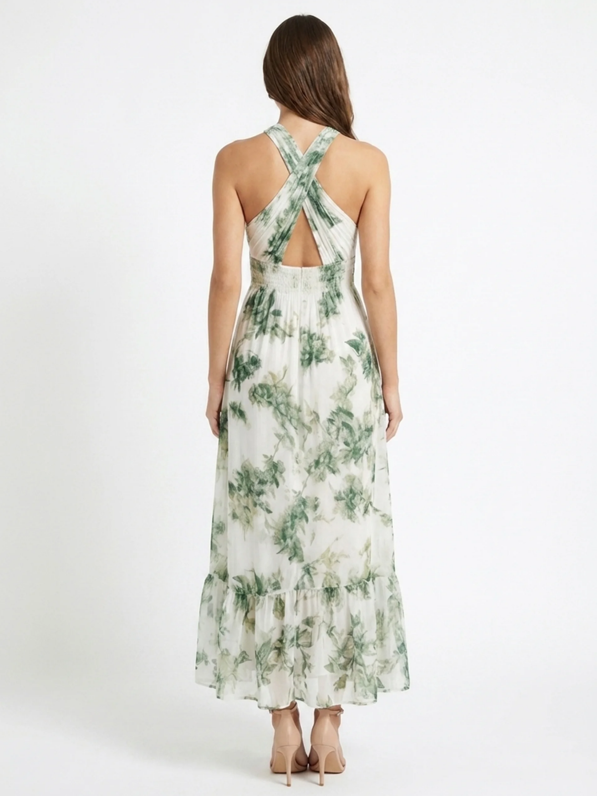 AERYN Women's Botanical Halter Neck Chiffon Midi Dress