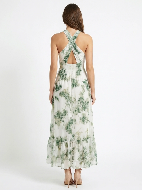 AERYN Women's Botanical Halter Neck Chiffon Midi Dress