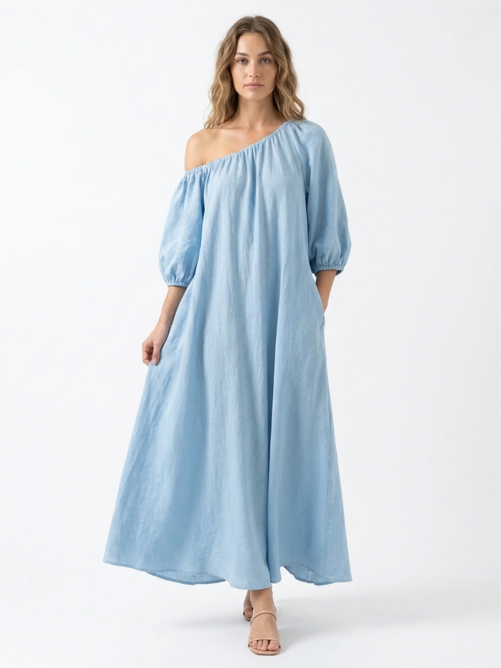 RAVENSWORTH Women's One-Shoulder Balloon Sleeve Linen-Blend Maxi Dress